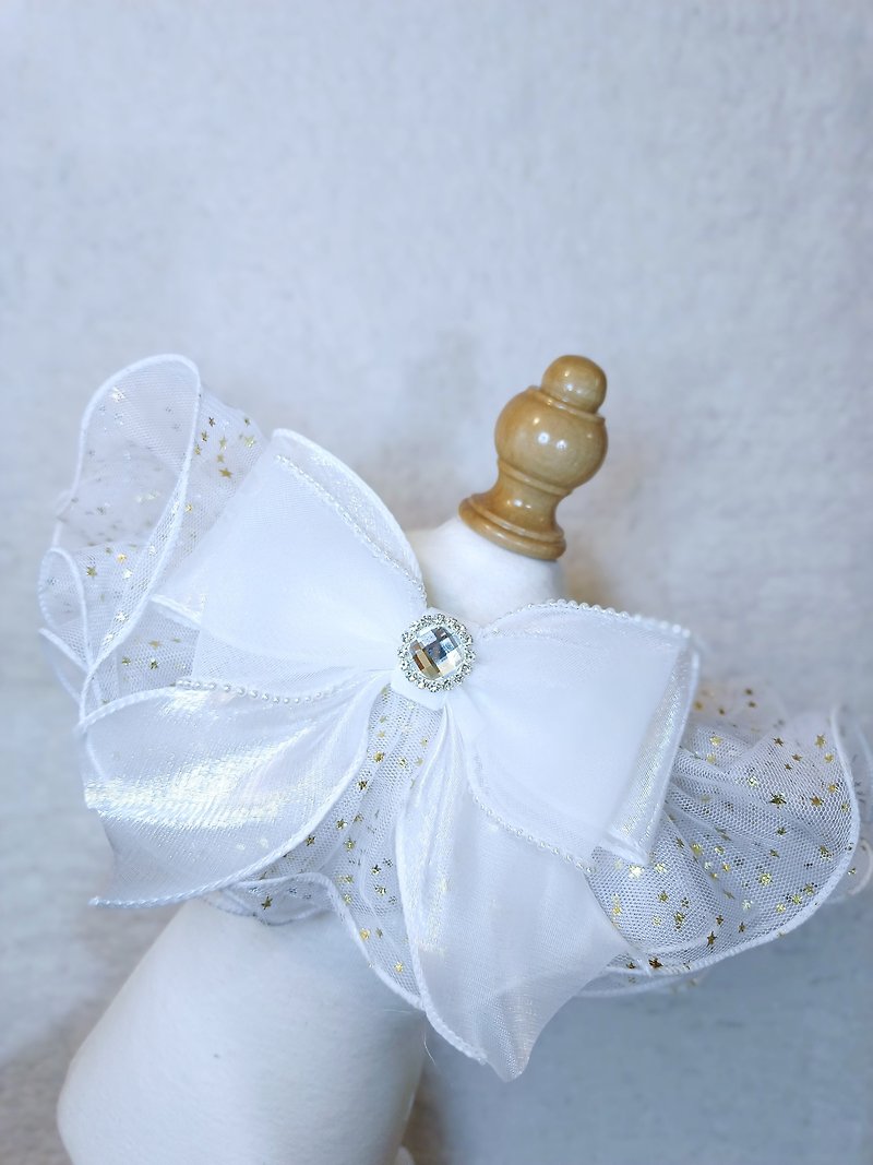 棉．麻 寵物衣服 白色 - 粉藍金星星色 輕薄紗 造型頸飾 頸項 collar
