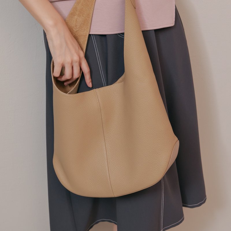 Triangular Soft Bucket Bag-Apricot - Drawstring Bags - Genuine Leather Khaki