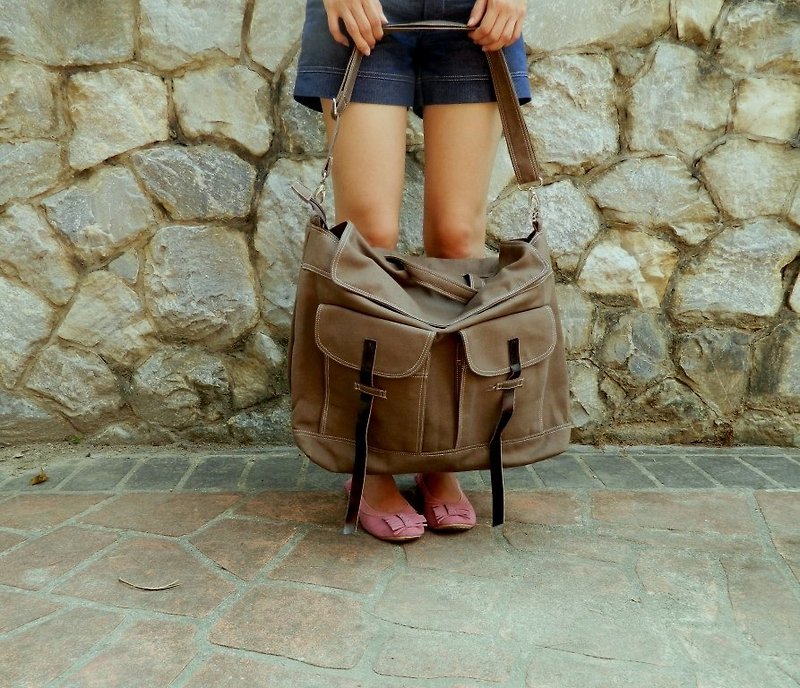Taupe Brown Messenger bag , canvas school Laptop bag-no.104 MACKENZIE - Messenger Bags & Sling Bags - Genuine Leather 