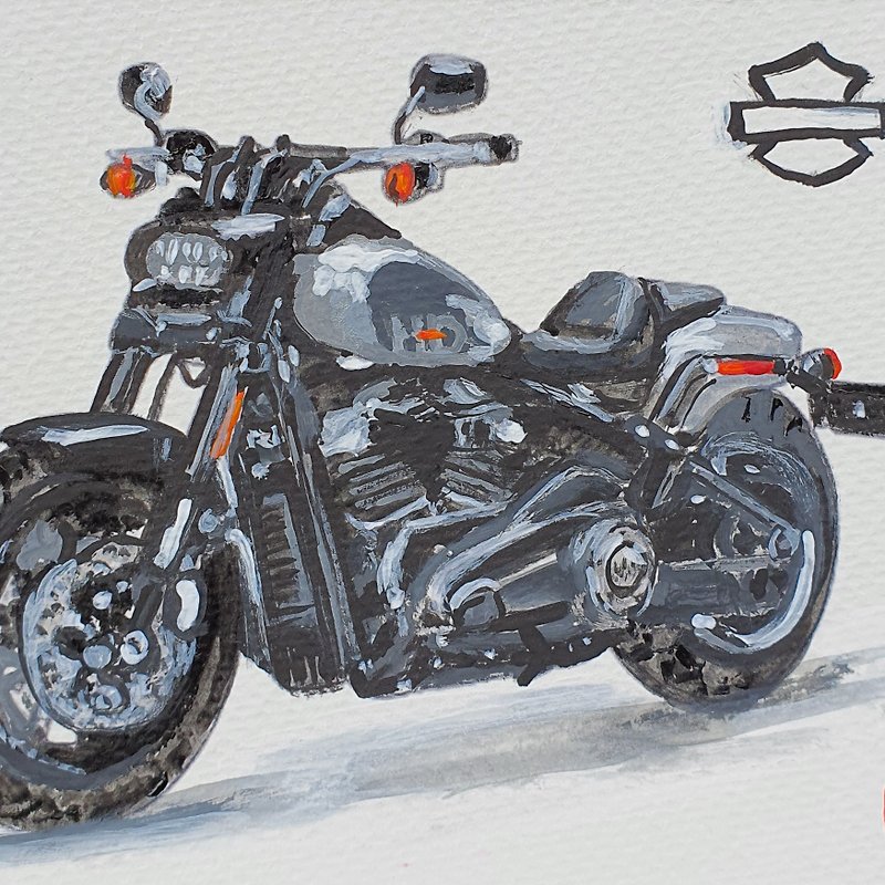Fat Bob 114 Harley Davidson 2023 Painting Original Art Sport Motorcycle Postcard - Posters - Other Materials Gray