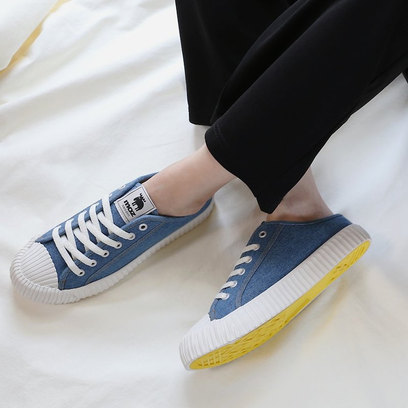 moz Swedish Muller slipper biscuit shoes (denim blue) - รองเท้าลำลองผู้หญิง - ผ้าฝ้าย/ผ้าลินิน สีน้ำเงิน