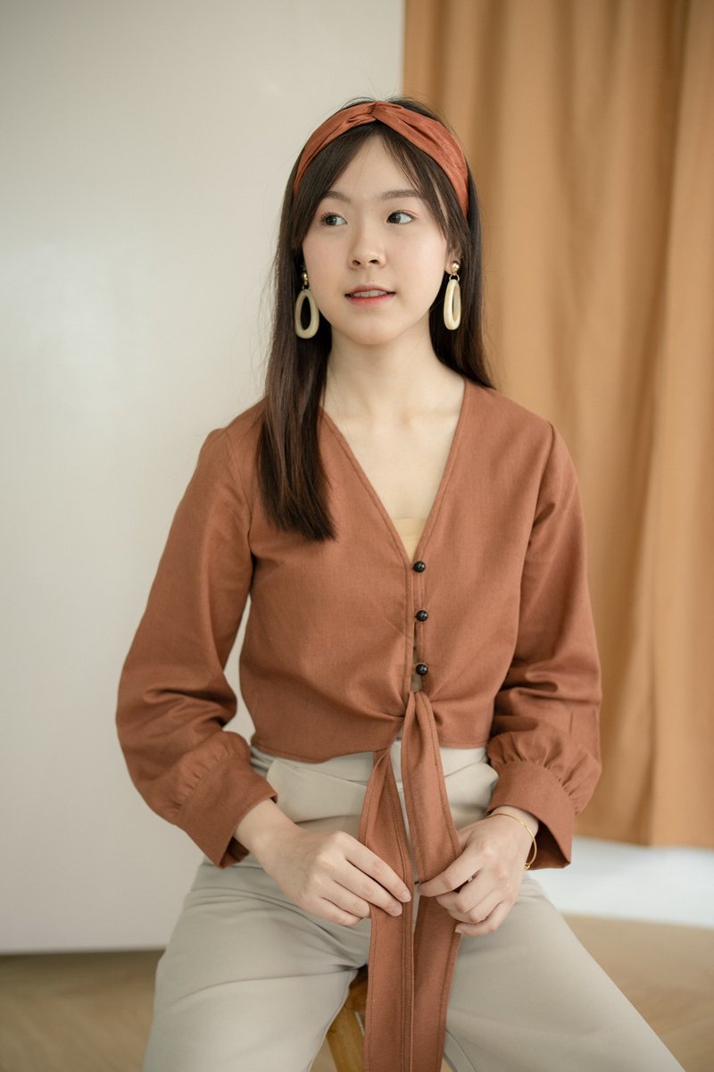Long Sleeve Ribbon Top - Brick - 女上衣/長袖上衣 - 亞麻 橘色