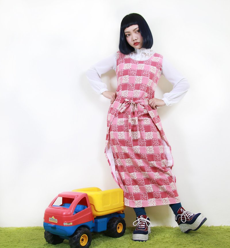 Back to Green :: Strawberry Milk Floral Skirt Towel Sleeveless Dress vintage dress (OPD-01) - One Piece Dresses - Cotton & Hemp Pink