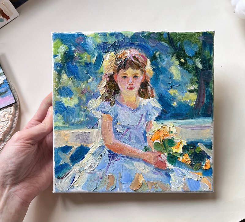 Girl Painting Original Art Sun Impressionism Oil Painting 20 x 20 sm - Posters - Other Materials Blue