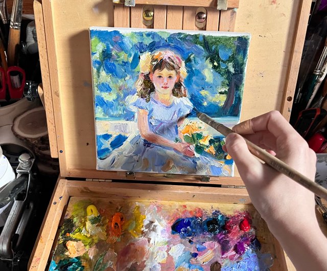 女の子の絵画 オリジナルアート 太陽 印象派 油絵 20 x 20 sm
