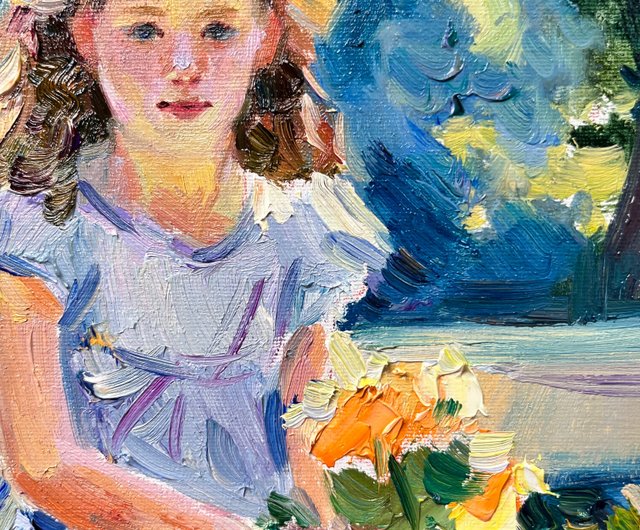 女の子の絵画 オリジナルアート 太陽 印象派 油絵 20 x 20 sm
