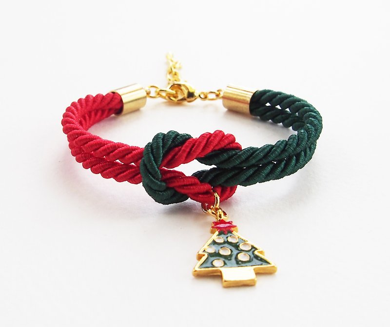 Christmas gift collection , Red/Green knot rope bracelet with Christmas tree charm - 手鍊/手環 - 其他材質 綠色