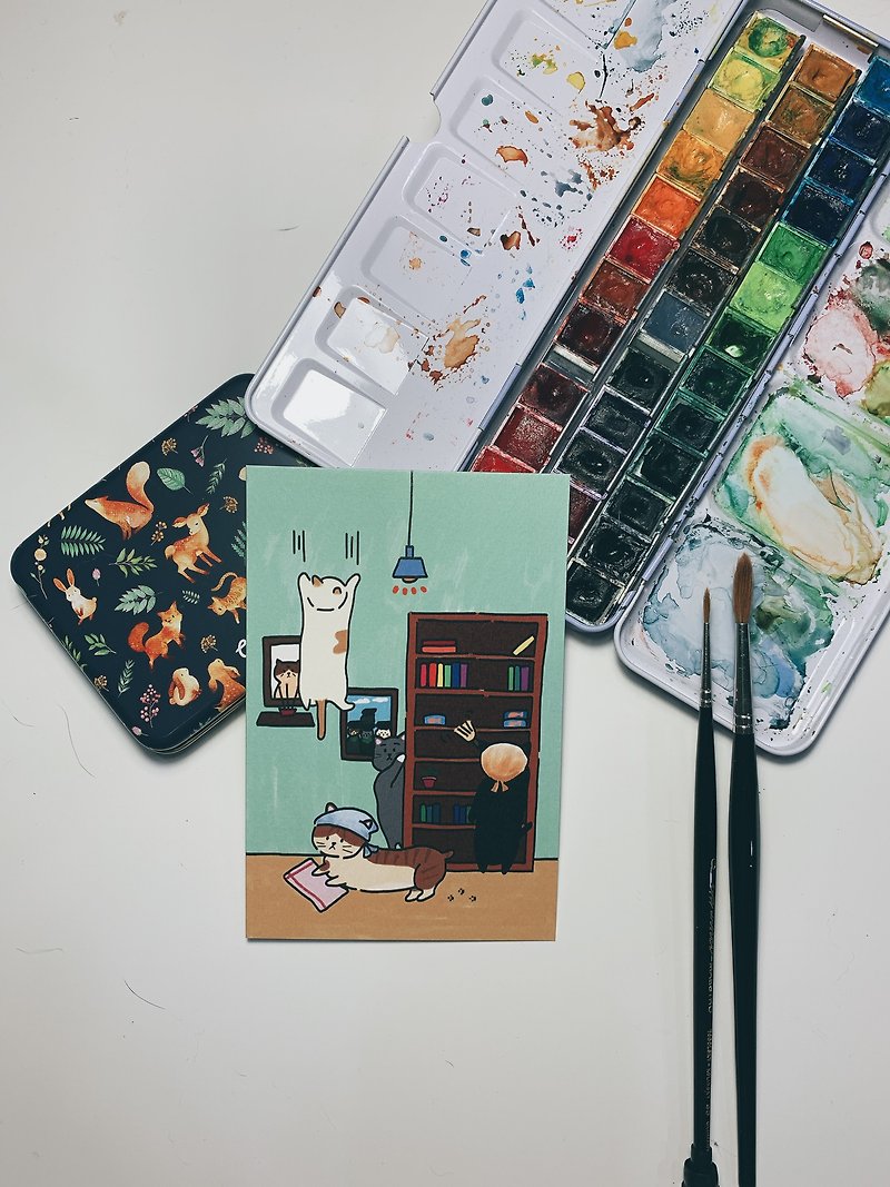 Hand-painted cat house cleaning postcard - การ์ด/โปสการ์ด - กระดาษ 