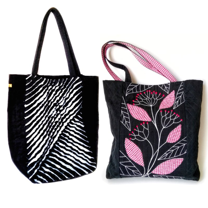 Handcrafted Black Tote Bags for Women: Large Fabric Embroidered Boho Style Bags. - 手提包/手提袋 - 棉．麻 黑色