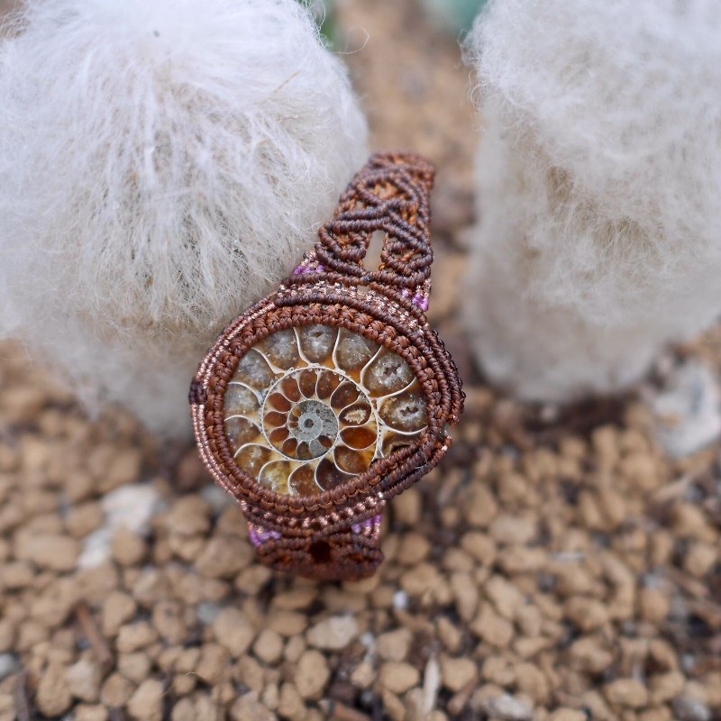 Ammonite Fossil Macrame Bracelet Jewellery - สร้อยข้อมือ - หิน สีนำ้ตาล