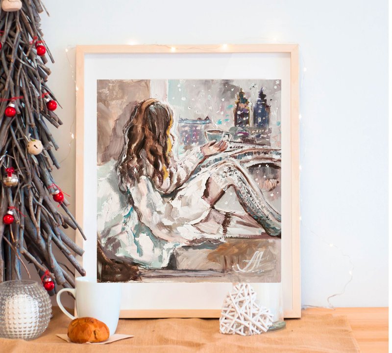 London morning painting with girl at window christmas artwork christmas artwork - ตกแต่งผนัง - วัสดุอื่นๆ สีเทา