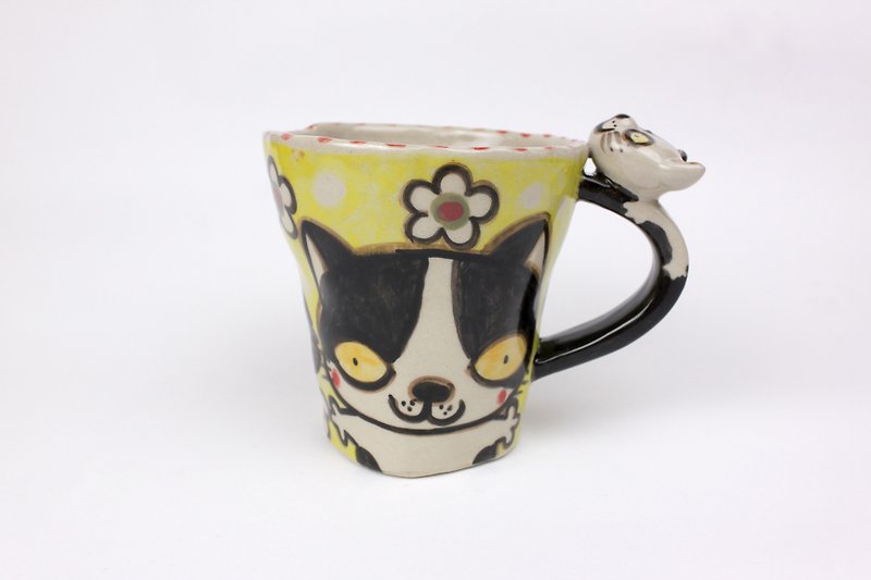 Nice Little Clay Wide Mug Little Cat and Girl 0106-4 - แก้วมัค/แก้วกาแฟ - ดินเผา ขาว