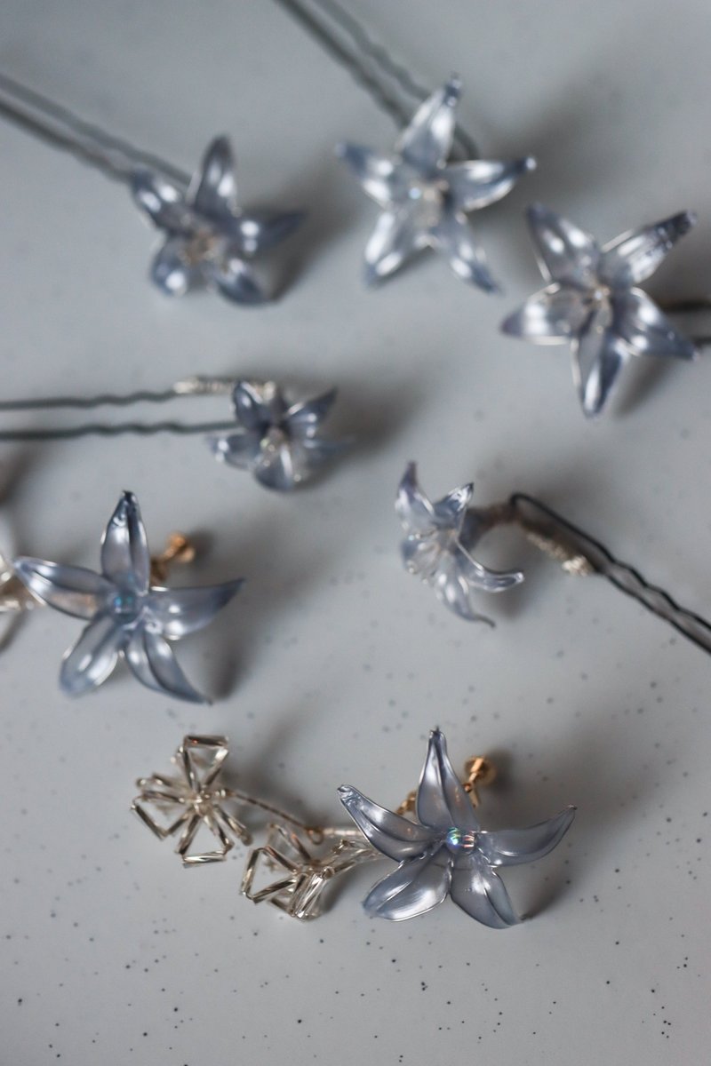 藍霜星影 金屬光澤 新娘飾品髮叉 樹脂耳環 - 髮夾/髮圈 - 樹脂 銀色