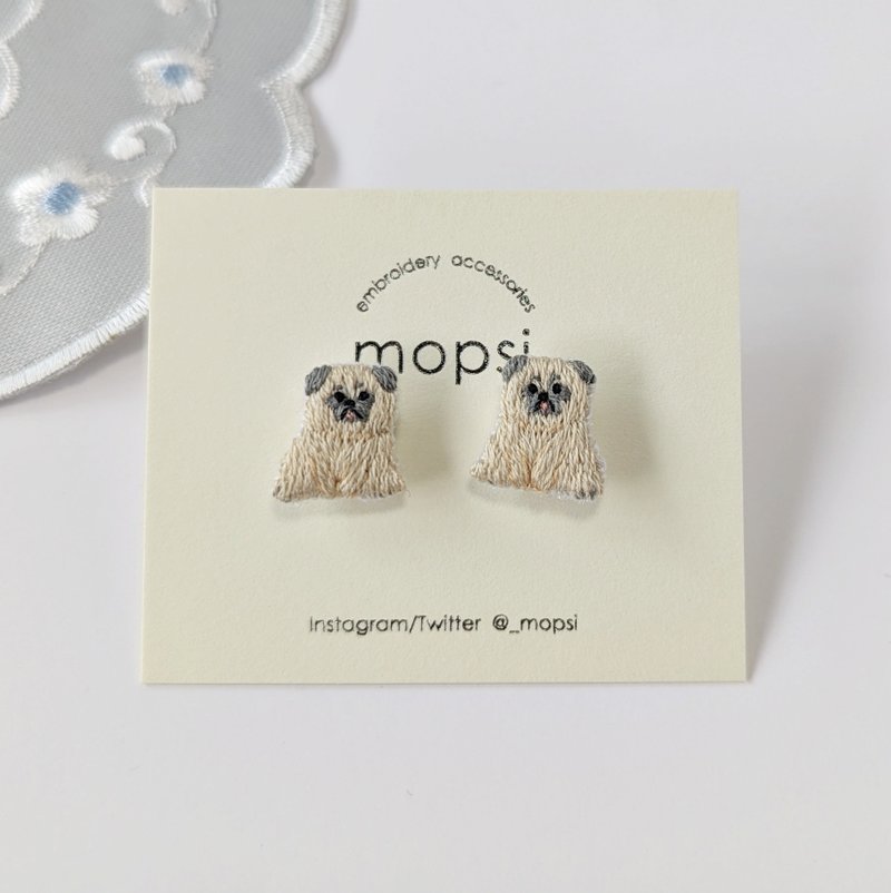 Sitting Pug Embroidered Clip-On - Earrings & Clip-ons - Thread Khaki