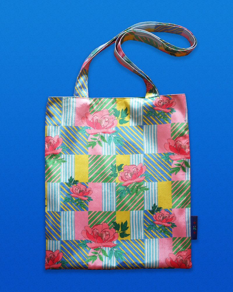 牡丹花格紋托特背袋 - 側背包/斜背包 - 聚酯纖維 綠色