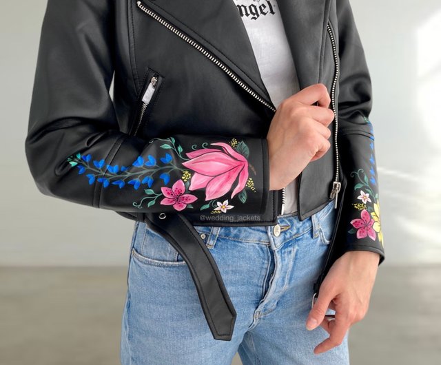 Womens leather jacket with on sale flowers