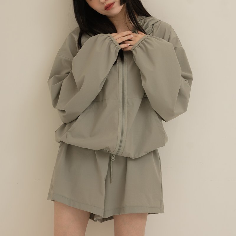 風衣感休閒連帽套裝-灰綠色 - 女大衣/外套 - 聚酯纖維 灰色