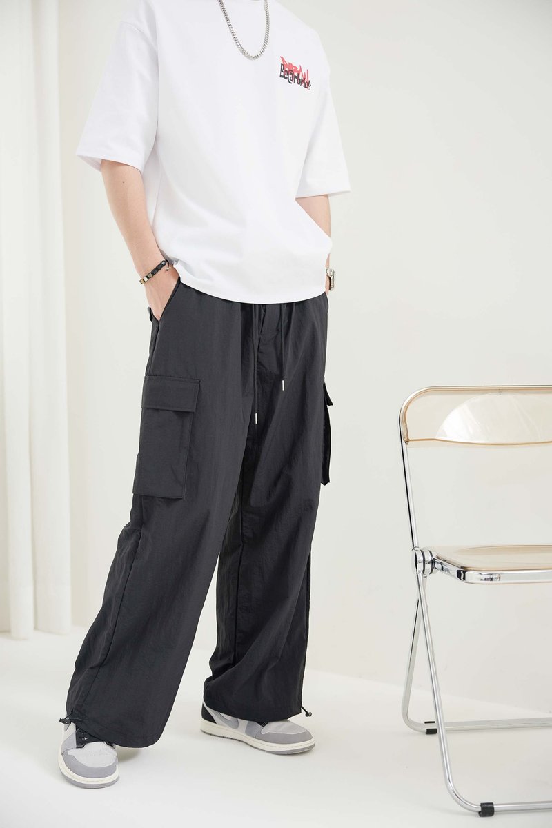 尼龍大口袋彈性長褲 黑色 - 長褲/短褲 - 其他材質 黑色