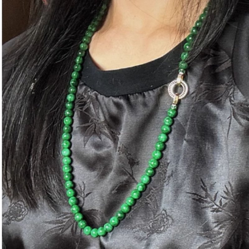 New Chinese style - natural dry green jade imperial green 8mm round bead long chain (70cm) necklace S925 zircon silver buckle - สร้อยคอ - เครื่องเพชรพลอย สีเขียว