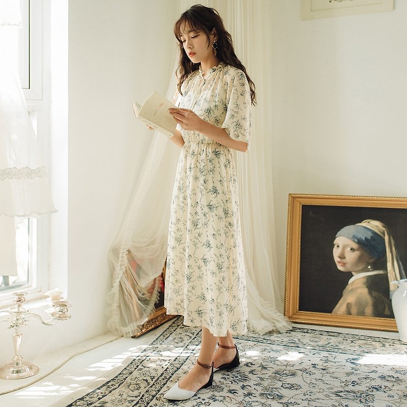 [Gifts Wild scarf] Annie Chen 2018 Summer New Literature and Art Women's Short Sleeve Floral Dress Dress skirt - ชุดเดรส - ผ้าฝ้าย/ผ้าลินิน หลากหลายสี