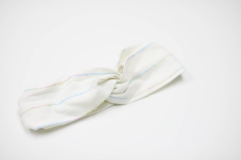 Beige with colorful yarn cotton twisted elastic headband - เครื่องประดับผม - ผ้าฝ้าย/ผ้าลินิน ขาว