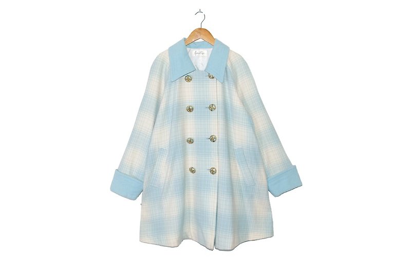 {::: Giraffe giraffe people :::} _ special Macaron baby blue checkered mosaic old ornate buckle vintage wool overcoat - Women's Casual & Functional Jackets - Other Materials Blue
