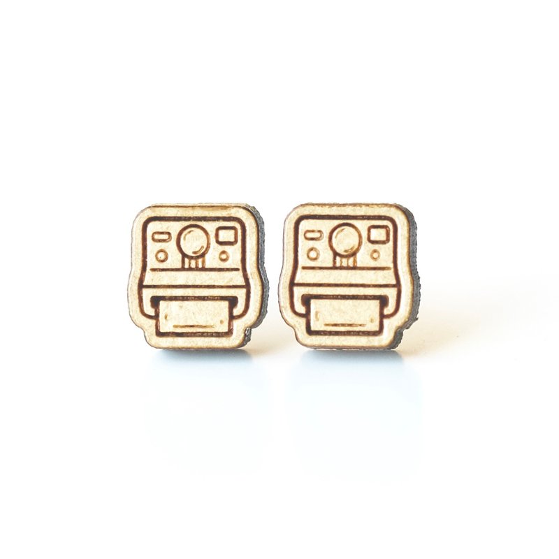Plain wood earrings-polaroid camera - Earrings & Clip-ons - Wood Brown