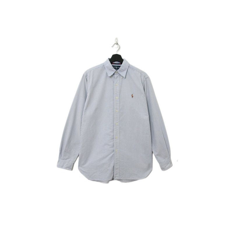 Back to Green-品牌襯衫 Polo天藍色直線條 LP-19//vintage shirt - 男襯衫/休閒襯衫 - 棉．麻 