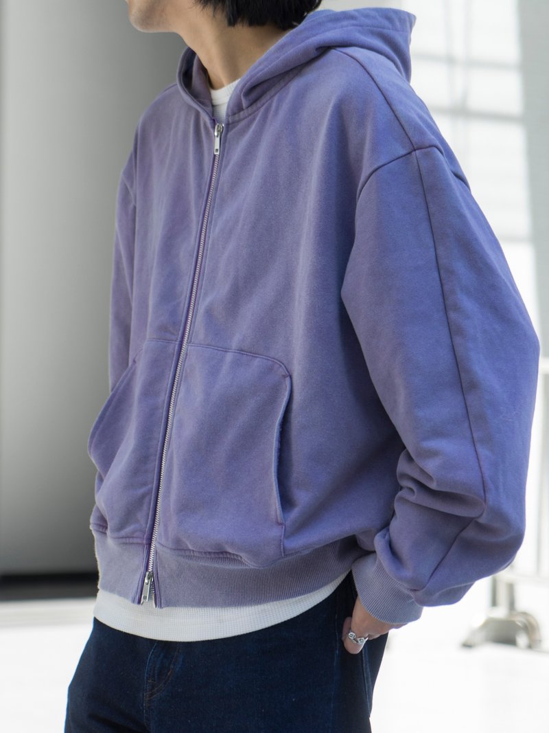 Hoody 成衣染色洗水造舊雙頭拉鏈連帽衛衣帽衫寬松短寬版型帽衫 - 帽T/大學T - 棉．麻 