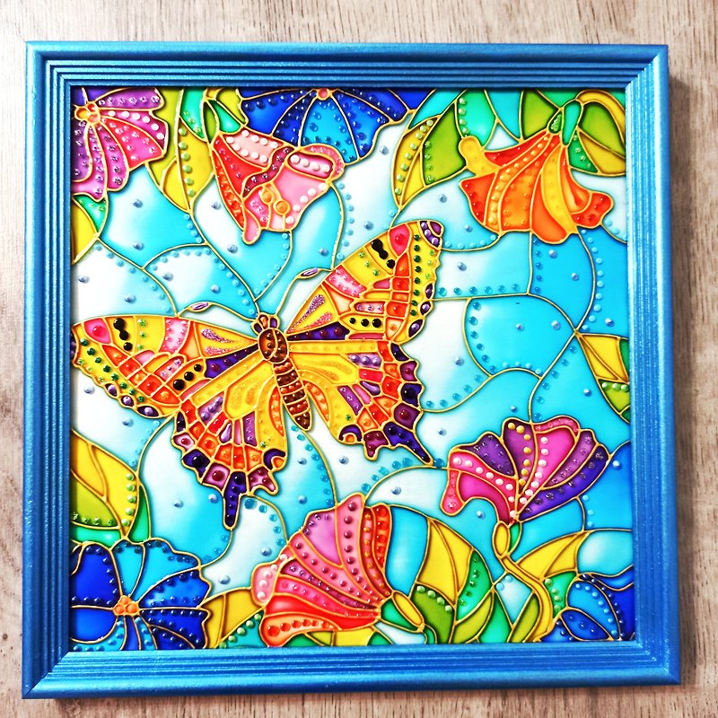蝴蝶花彩色玻璃画原墙挂饰盛开 - 壁貼/牆壁裝飾 - 玻璃 藍色