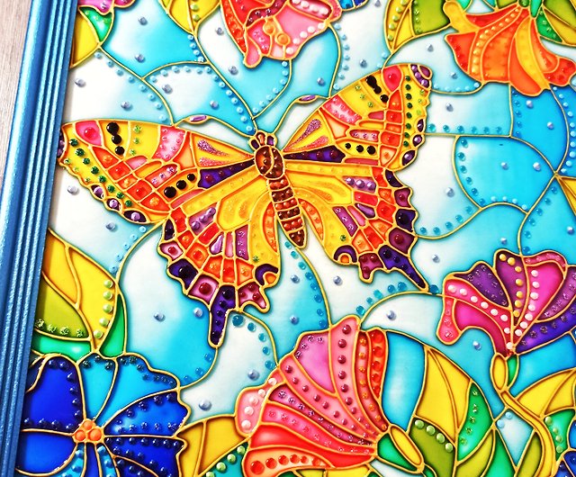 Butterfly flowers stained glass painting Original wall hanging decor  Blooming - Shop zorkavenera Wall Décor - Pinkoi