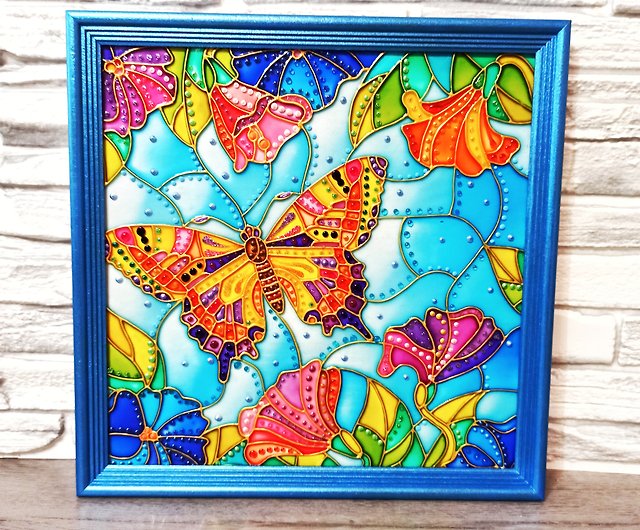 蝶の花ステンドグラスの絵オリジナルの壁掛けの装飾咲く - ショップ