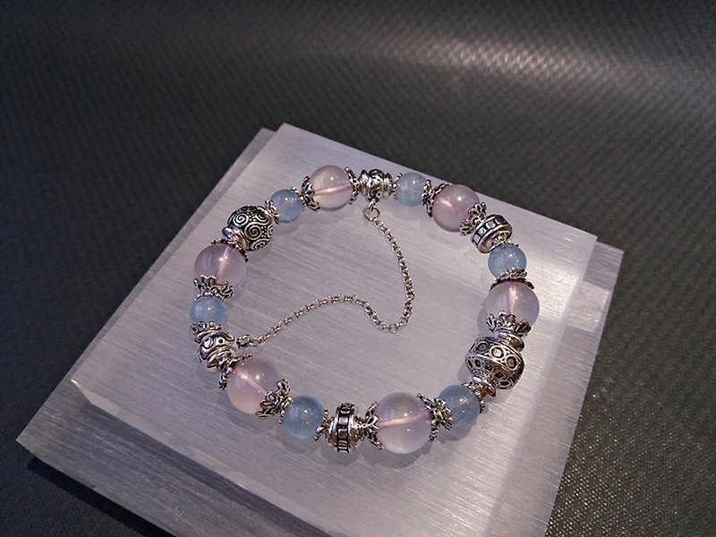 Pure Love - Ice Hibiscus Crystal + Ice Aquamarine Silver Bracelet - Bracelets - Gemstone Pink
