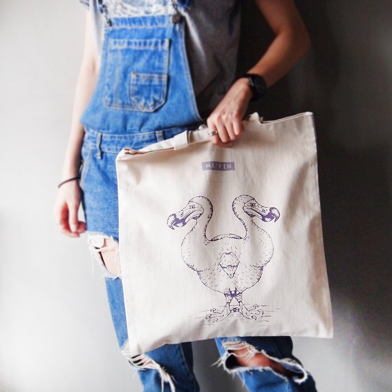 Ma'pin MR.Bird Short Strap Organic Cotton Hand-Printed Tote Bag - กระเป๋าแมสเซนเจอร์ - ผ้าฝ้าย/ผ้าลินิน ขาว