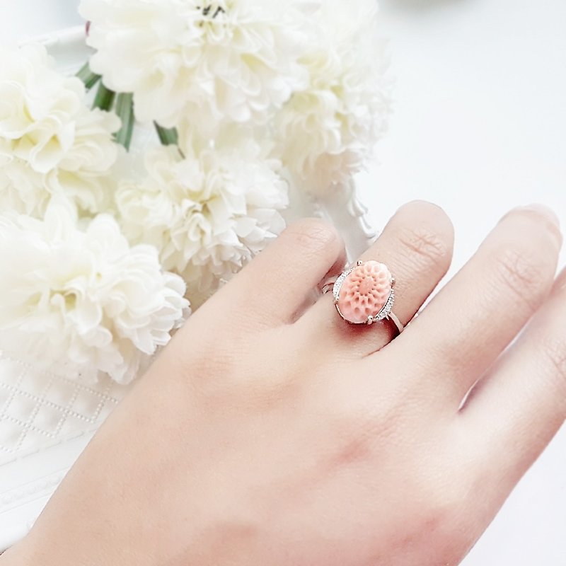 Bloom. Natural coral 925 Silver ring index finger ring ring adjustable - แหวนทั่วไป - เงินแท้ สึชมพู