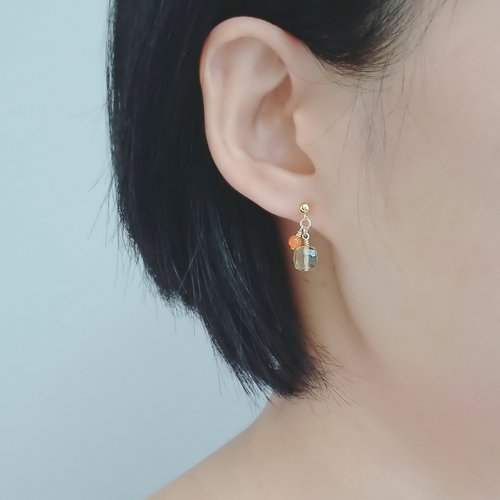 Joyce Wu Handmade Jewelry 檸檬晶切面小方塊 蜜桃橘東菱玉 14K GF 包金 小垂墜耳環