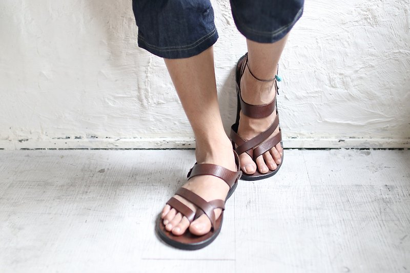 OMAKE full leather diagonal line sandals - Sandals - Genuine Leather Brown