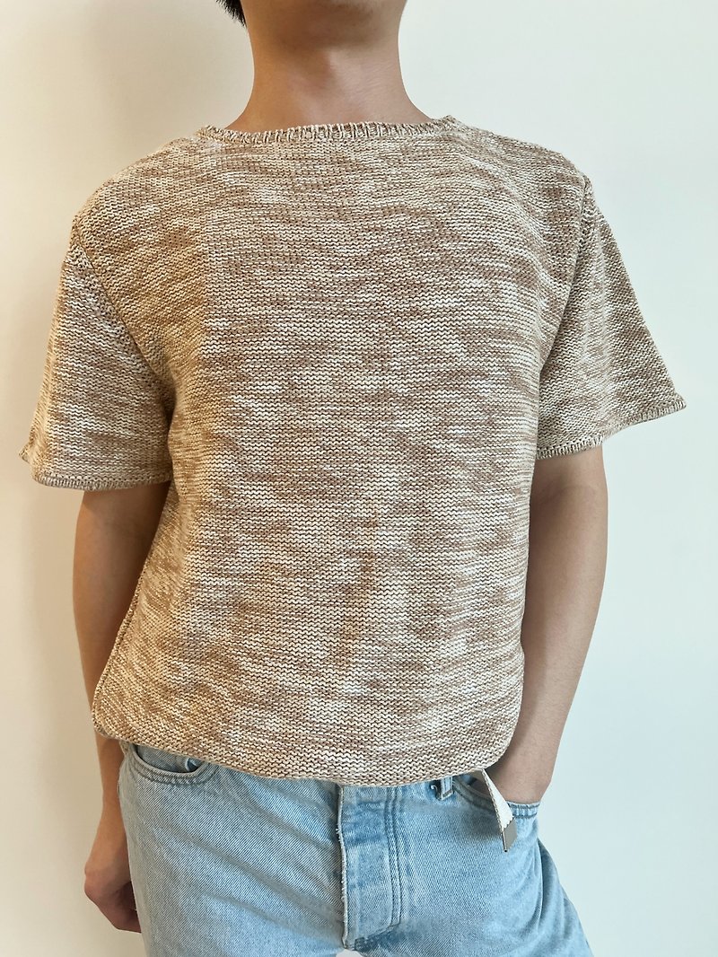 混色棉嫘縈針織短袖上衣 - T 恤 - 棉．麻 卡其色
