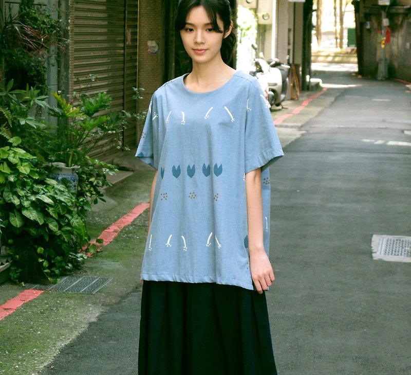 Cognoscenti Denim Print Top / Love Dandelion / Danning / Handmade / Silk Print - One Piece Dresses - Cotton & Hemp Blue