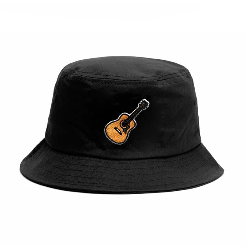 Guitar Player Mini Guitar original small guitar embroidery fisherman hat music gift - หมวก - ผ้าฝ้าย/ผ้าลินิน สีดำ