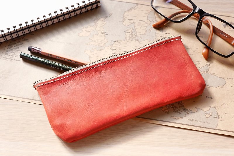Leather pencil case pencil case pencil box red burgundy wine - Pencil Cases - Genuine Leather Red