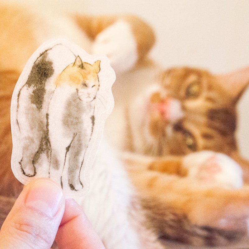 水墨貓咪和紙貼紙 - 伸懶腰的貓 - 貼紙 - 紙 橘色