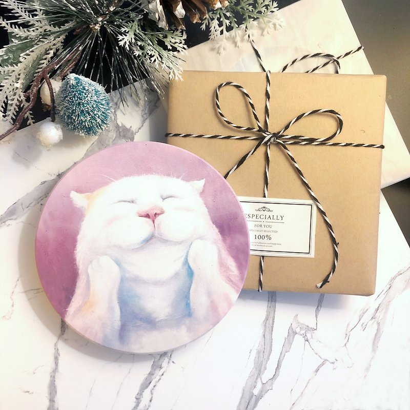 【Smile animal series – White kitten – Paopao】liquid absorbing ceramic coaster - Coasters - Pottery 