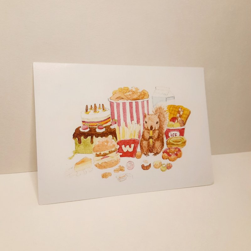 美食家松鼠夢娜原創水彩插畫明信片卡片 - 卡片/明信片 - 紙 多色