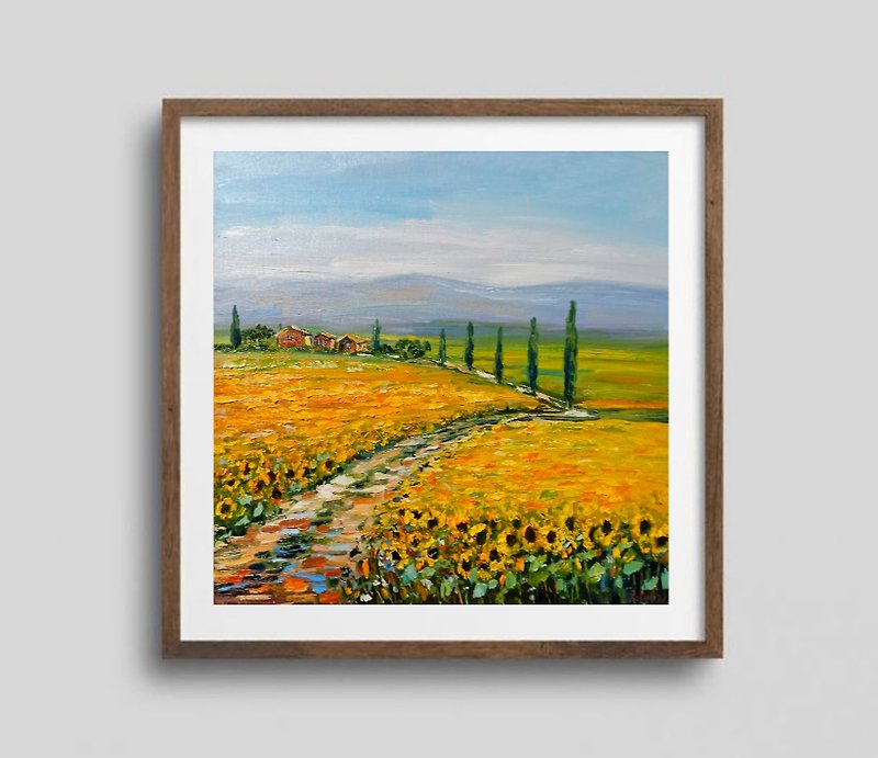 Sunflowers Oil Painting Original Art Flower Artwork Tuscany Wall Art 向日葵油畫原創藝術 - ตกแต่งผนัง - ผ้าฝ้าย/ผ้าลินิน สีเหลือง