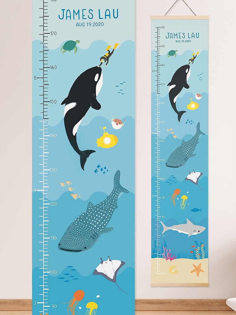 深海、サメ、シャチ、クジラ、クラゲ、マンタ子供部屋の赤ちゃん測定布定規 - ポスター・絵 - コットン・麻 