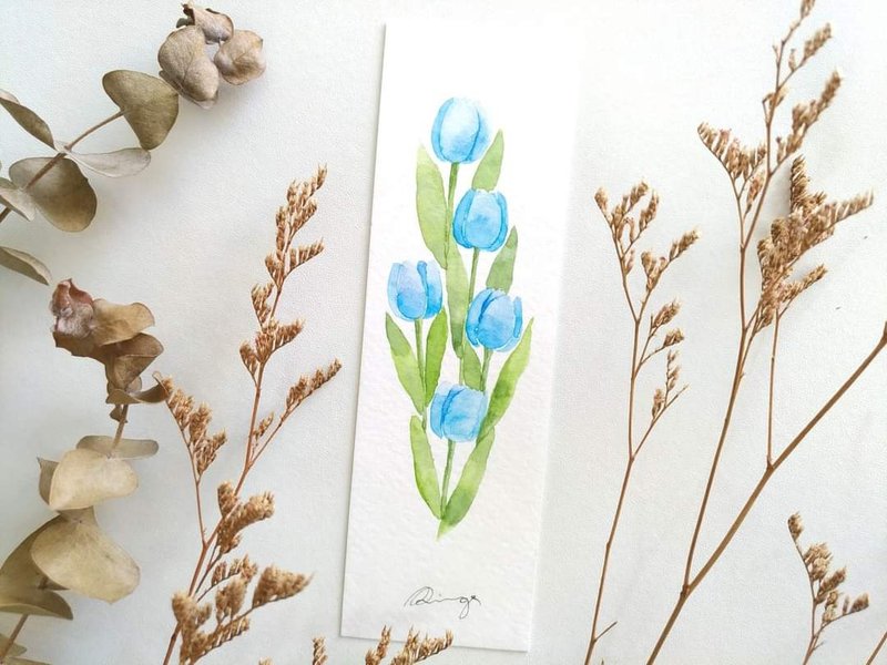 Blue Tulips Watercolor Illustration Bookmark, Card (Original) - การ์ด/โปสการ์ด - กระดาษ หลากหลายสี