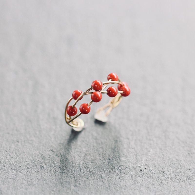 2Way Ring & Ear cuff Handmade 14kgf Swarovski Pearl Coral Twist Ring 【gift box】 - General Rings - Precious Metals Red