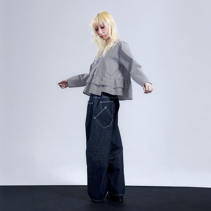 背後歪斜雙口袋牛仔褲 - 女長褲 - 棉．麻 藍色