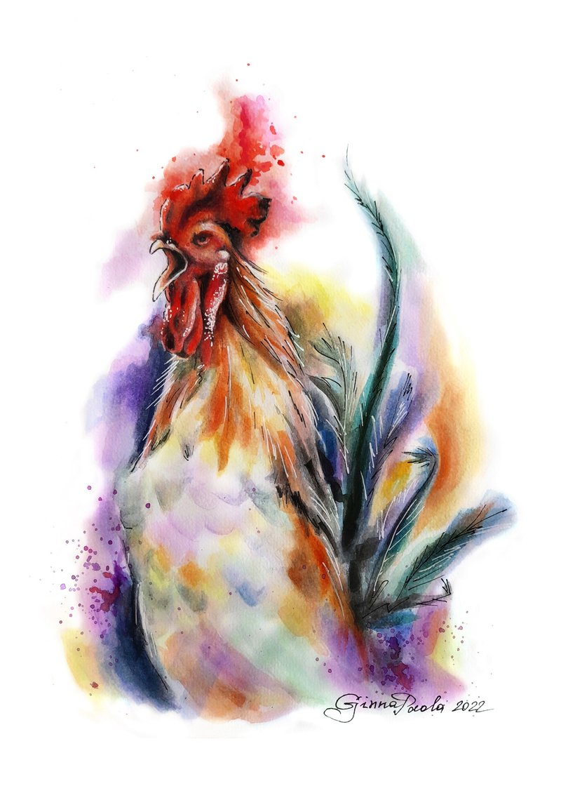 Rooster Painitng Cock Bird Watercolor Art Rustic Aesthetic Farm Style Artwork - 壁貼/牆壁裝飾 - 紙 多色